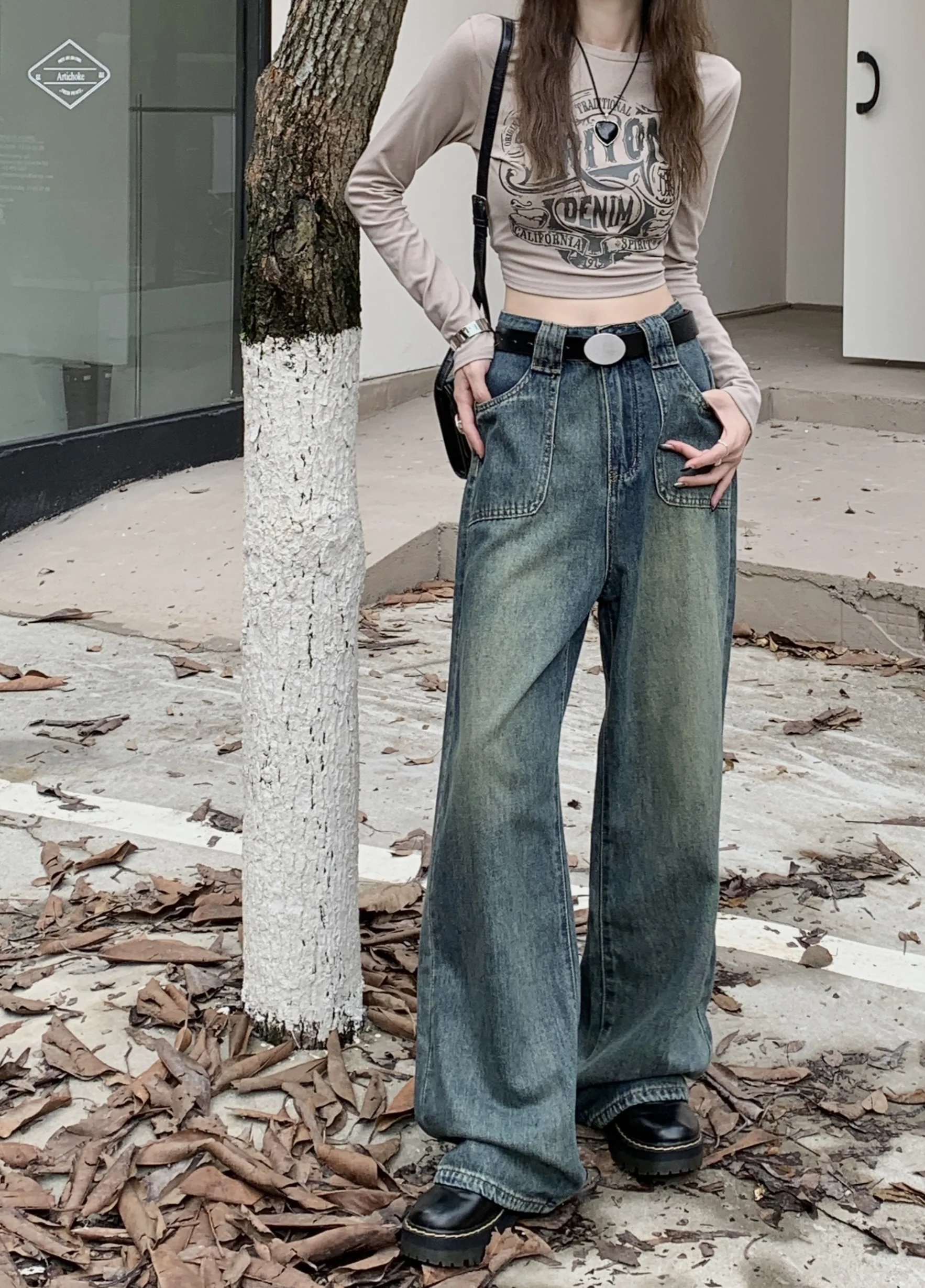 American Blue High Waist Jeans Women's Autumn Casual Straight Wide Leg Pants Loose And Versatile Floor Dragging Denim Pants