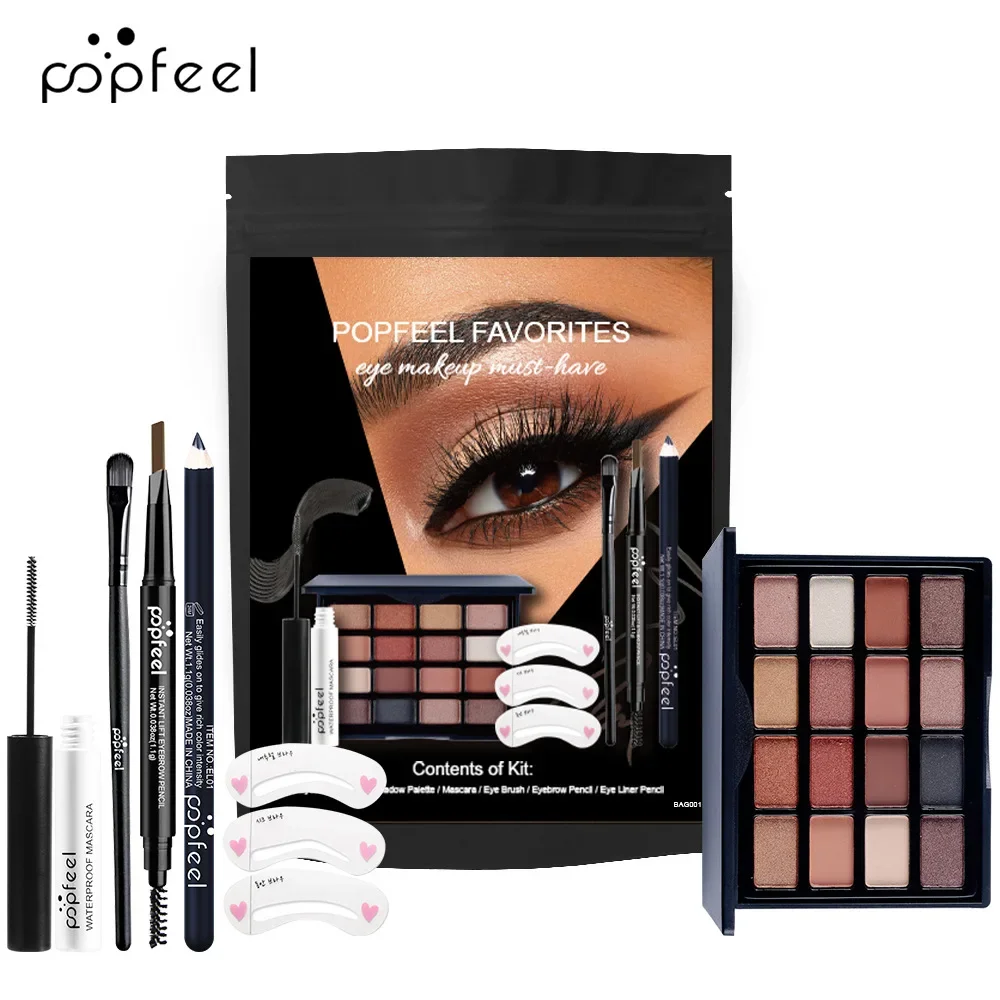 Popfeel-Palette d'ombres à barrage scintillantes, maquillage minorganisé, eye-blogueur Eyeliner, ensembles de pinceaux mascara, 15 couleurs