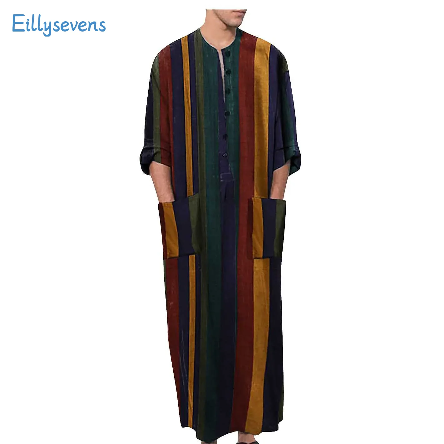 Men'S Muslim Robe Long Sleeve Cotton Striped Robes Summer Islamic Arabian Kaftan Suit Middle East Dubai Abaya Retro Clothing