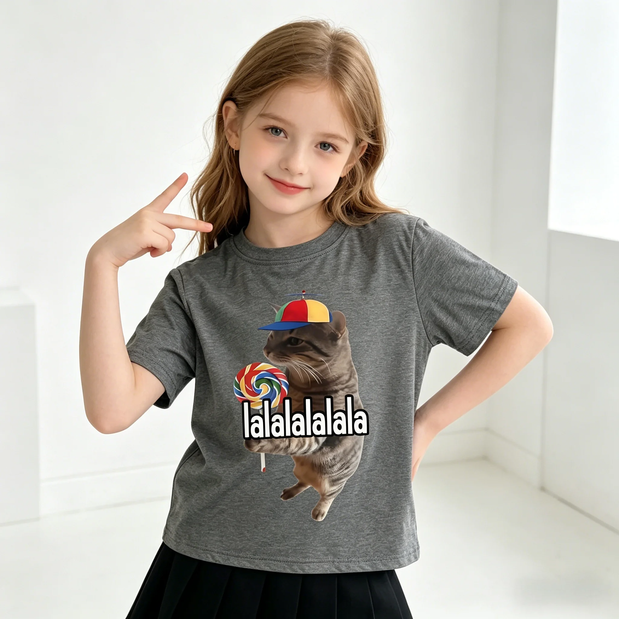 Funny Silly Cat Lollipop Meme Print Cotton Kids T-Shirt Round Neck Soft Skin Friendly Machine Washable for Casual Sports Wear