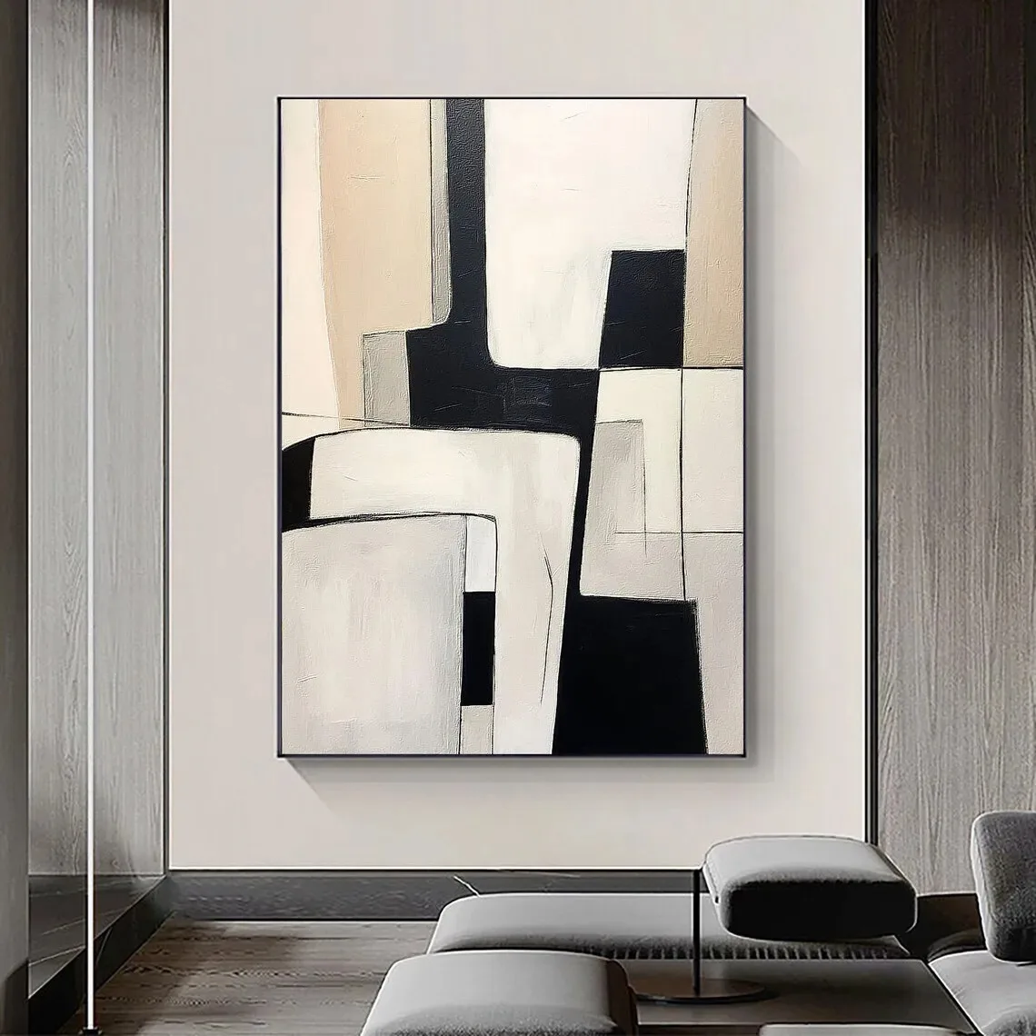 Black And Beige Abstract Hand Pianted Painting Minimalist Beige Textured Wall Art Textured Canvas Handmade Paintings Home Decor