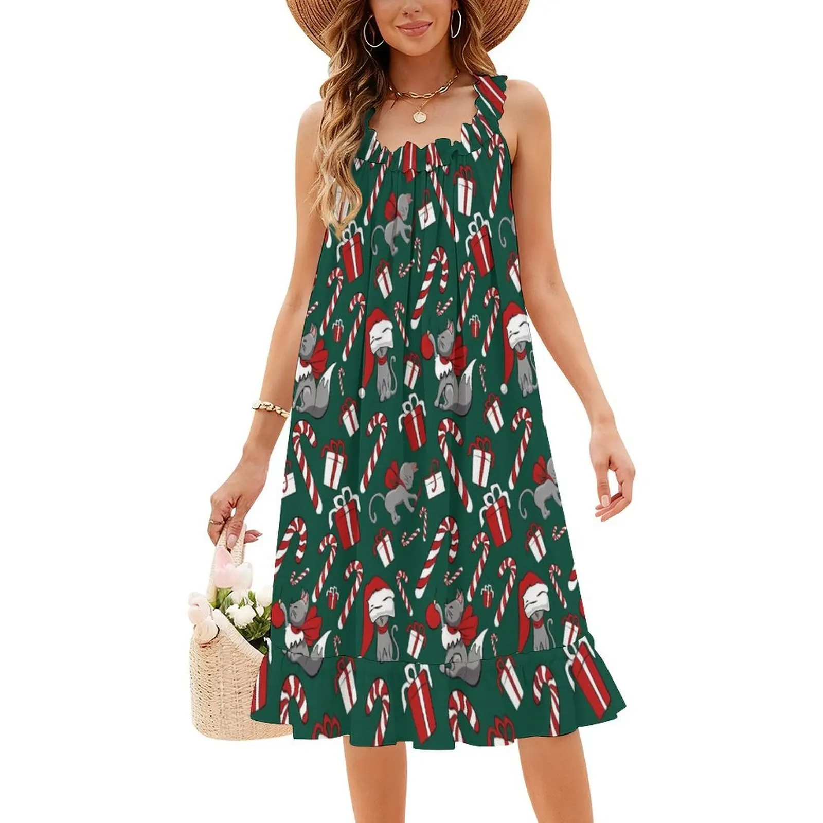 نمط قطة عيد الميلاد ° فستان قصير بنمط Preppy باللون الأخضر للنساء على شكل حرف A فستان كاجوال فضفاض مناسب للقطط والقطط وعيد الميلاد مثالي #5