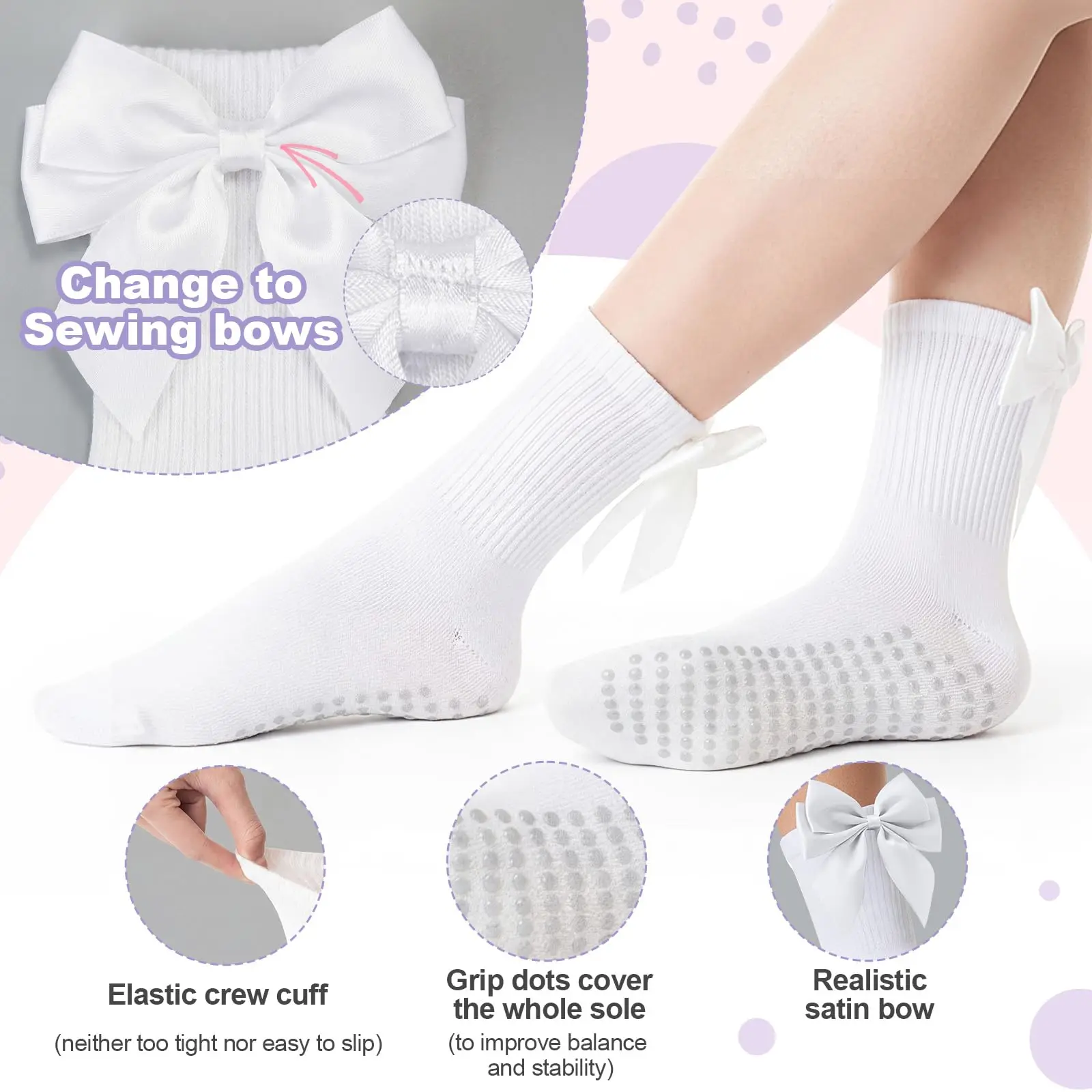 3 Pairs of Women's Non-Slip Pilates Socks, Yoga Mid-Calf Socks, Ribbon Bow Grip Socks, Ballet Sports Gift