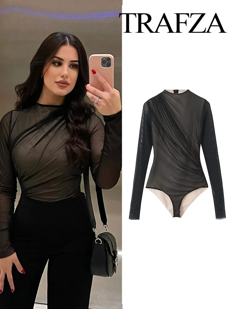 TRAFZA  Autumn Sheer Solid Women Bodysuit Y2K Long Sleeve O Neck Black Zipper Skinny Female Chic Tulle Elegant Sexy Body Tops