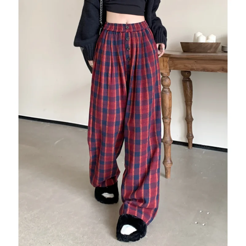 Women Black Cargo Pants Streetwear High Waist American Wide Leg Pants Y2K Fashion Female Winter Grey Lattice Straight Trousers