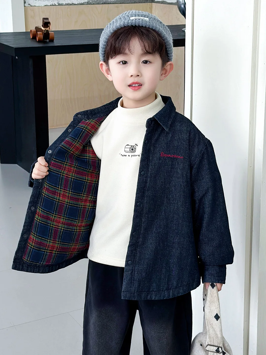 

Thiened Cotton irt Sle Boys' Denim Jaet Lightweight Flip Collar Autumn Winter Coat Sli Trendy Youth Casual Wear