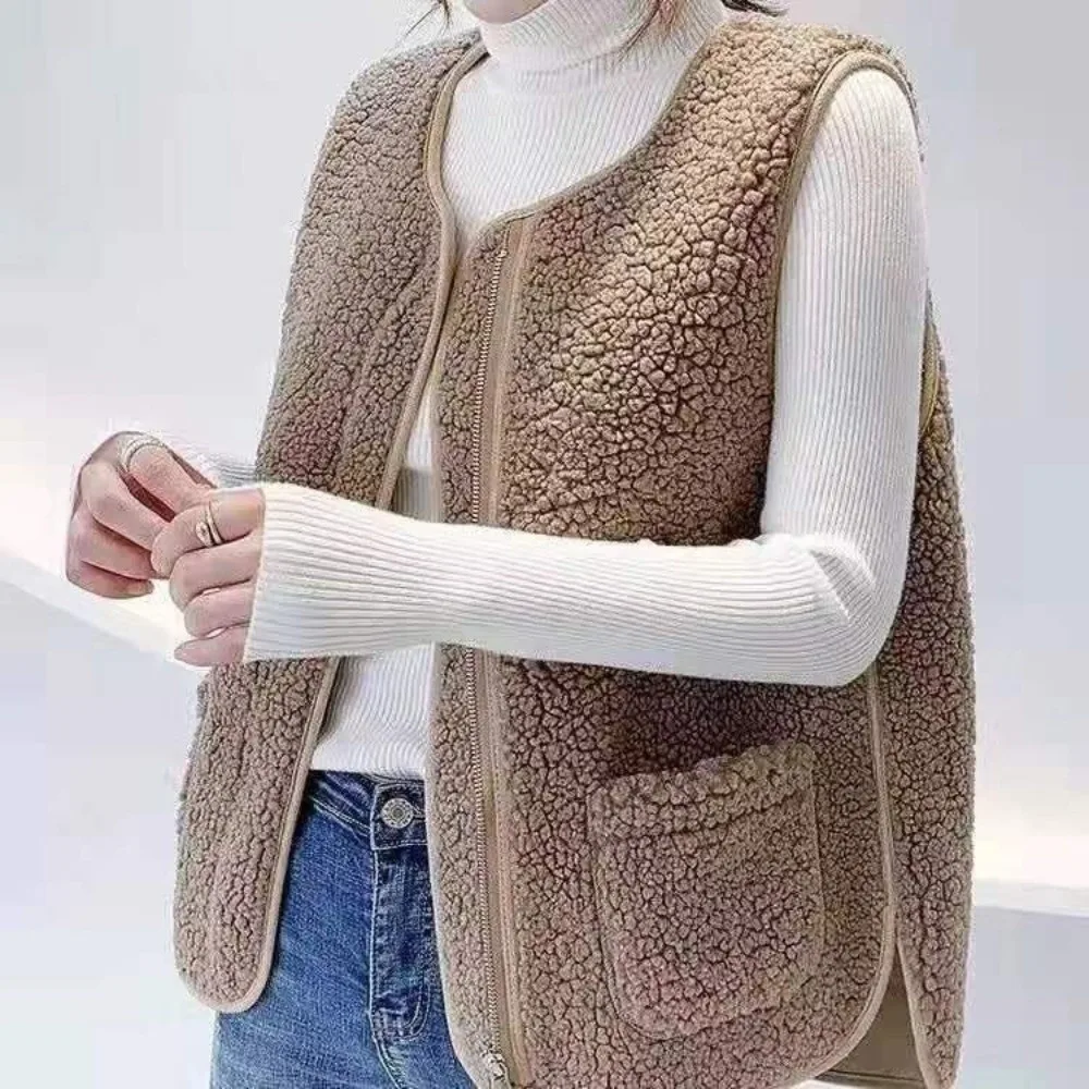 

Fashion Lamb Hair Winter Fleece Vests Thermal Solid Color Waistcoat Short Type Warm Thick Sleeveless Jacket Autumn Winter