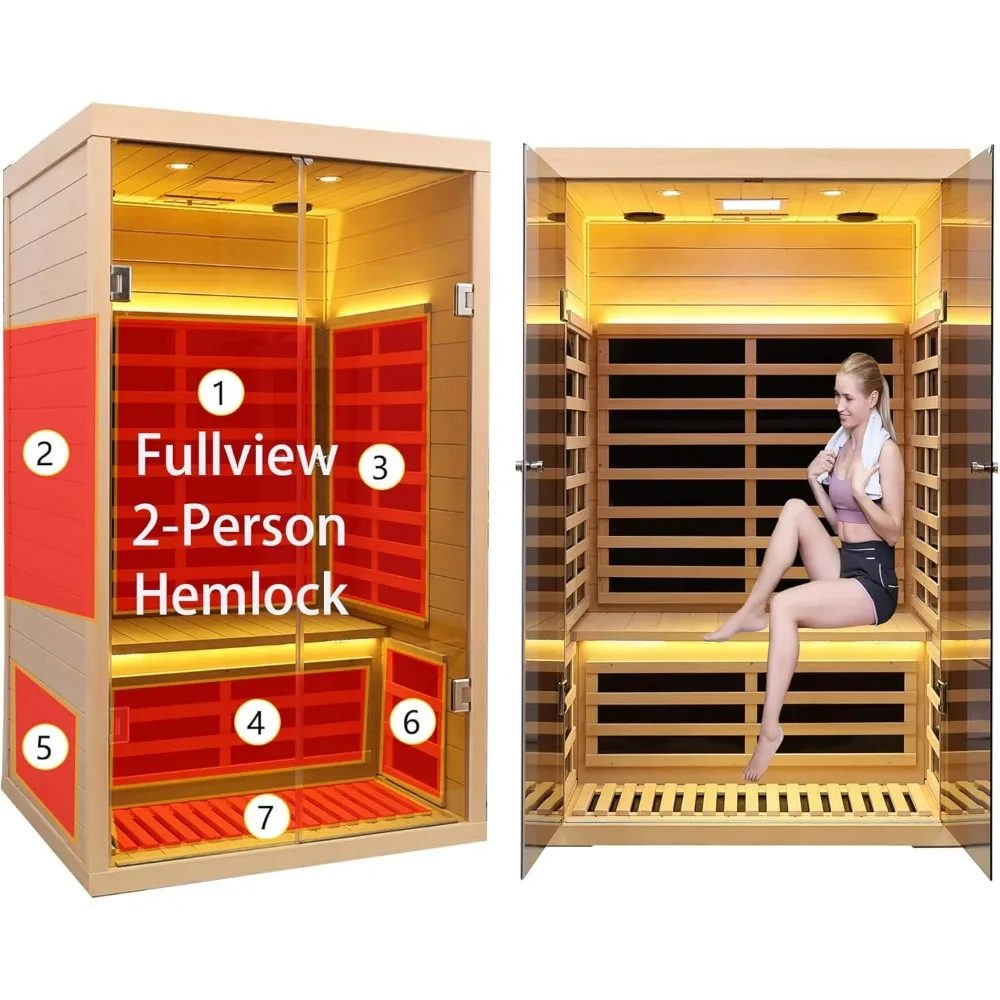 Infrared Wooden Sauna Room, Natural Canadian Hemlock Wood Saunas for 2 Person Size w/1780W Power Dry Sauna, 7 Low EMF Grade