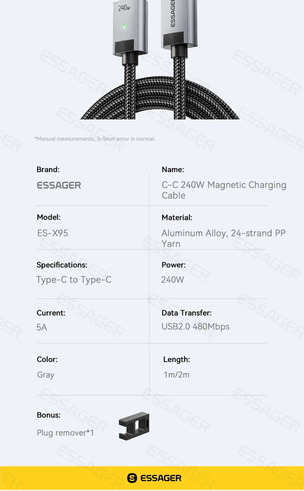 Essager USB C Cable 240W Magnetic USB Type C Cable PD 5A Fast Charging Data Cord For iPhone 17 Macbook Pro Xiaomi Huawei Samsung