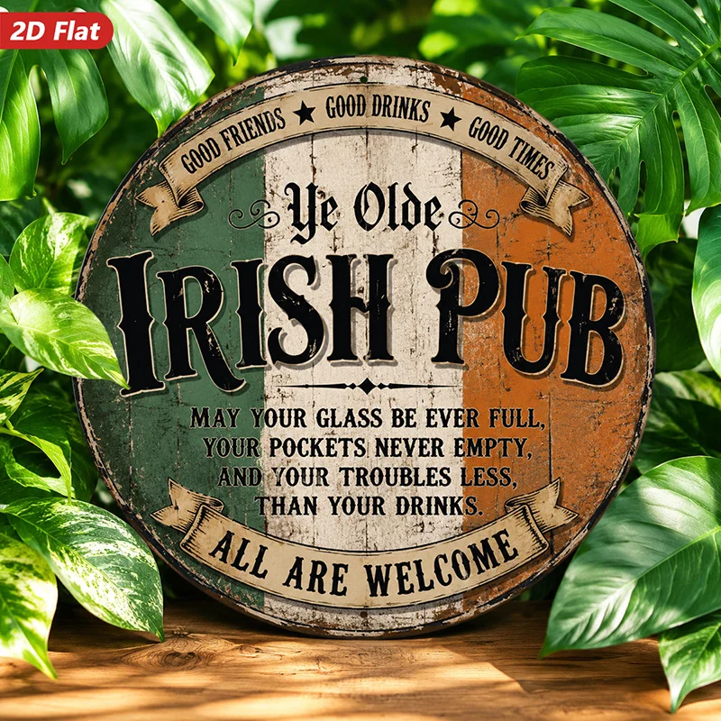 2D Flat, 1pc Irish Pub Sign Round Metal Sign Wall Art, Green White Orange Stripes, Rustic Home Decor, Celtic Blessing Quote, Ide