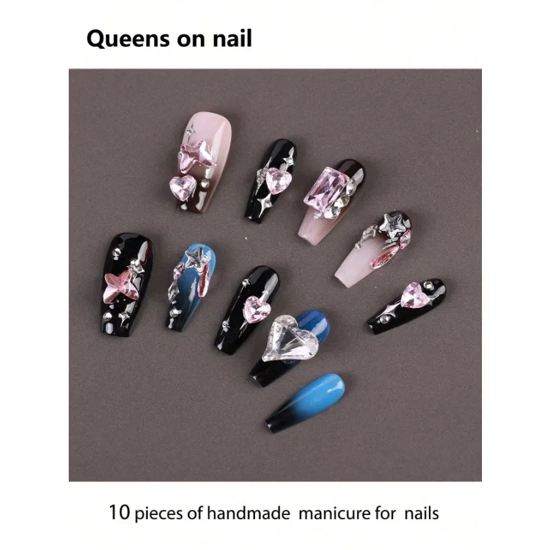 

10 Pc Handmade Fake Nails Ballet Style Fake Nails/Sfumato/Hand-Painted Butterfly Pattern/Metal Butterfly/Shiny Pearls/Stripes