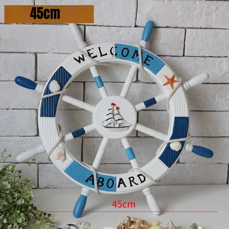 Mediterranean Style Wooden Ship Wheel Decor 45cm Nautical Rudder Handcrafted Artisanal Durable Hanging Ornament for Home Wall