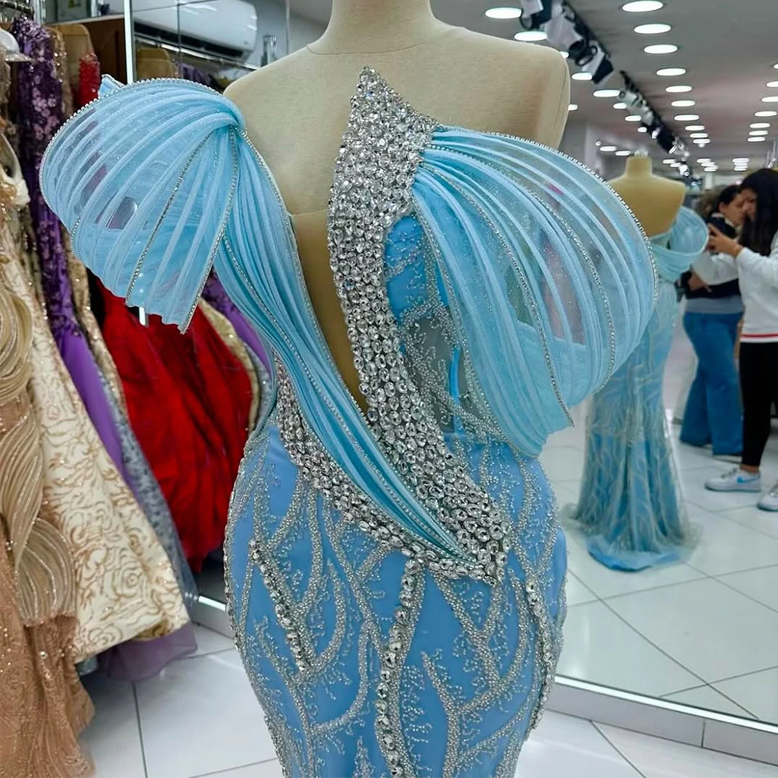 New Wave Pleated Crystal Evening Dress Blue Mermaid Dress with Train Ball Gown Formal Dress Customizable