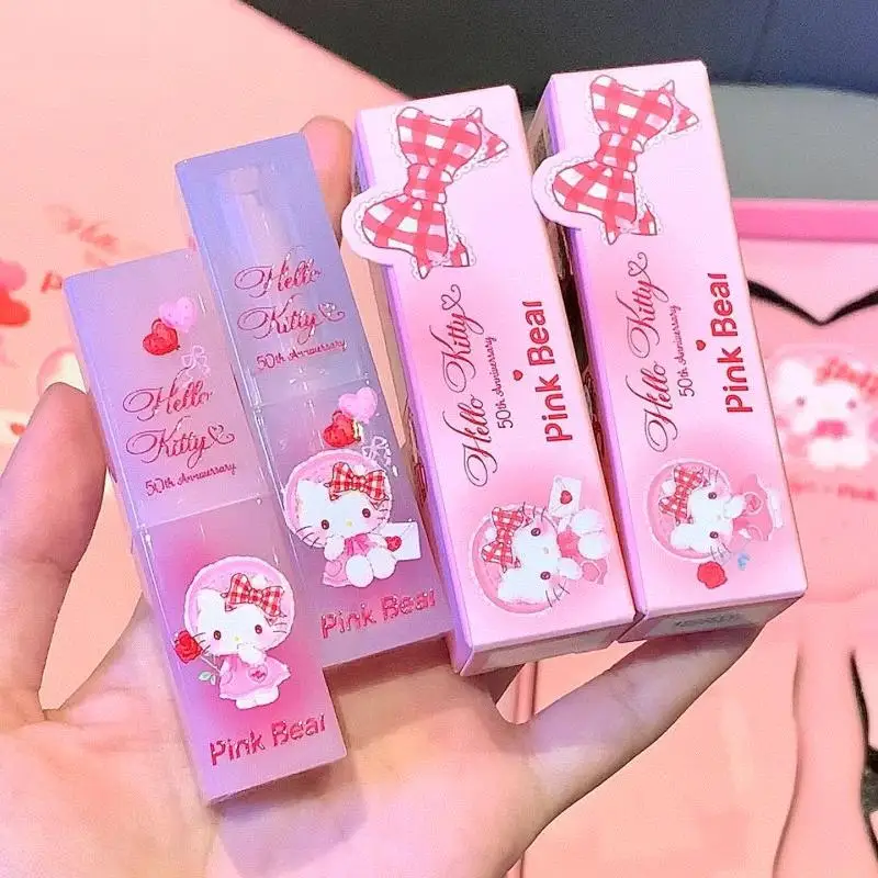 Pinkbear Kawaii Hello Kitty Collaboration Lip Gloss Gift Box Anime Sanrio Girly Heart Cute Blush Lipstick Mirror Set Girls Gifts