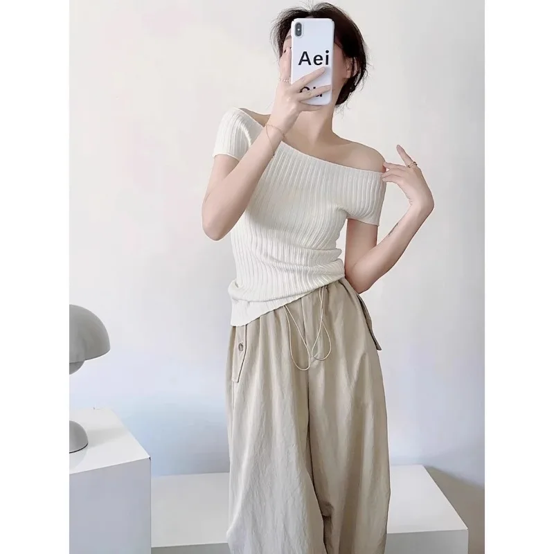 

Women's Cream Off Shoulder Ribbed Knit Top Short Sleeve Slim Fit Sexy Casual Summer Top