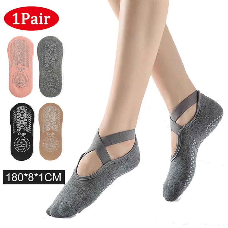 Yoga & Grips Socks for Non-Slip Women Straps, Bandage Cotton Sock, Ideal for Pilates Pure Barre Ballet Dance Barefoot Workout