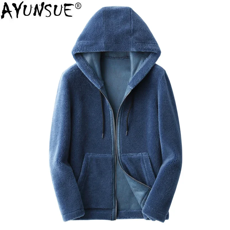 

AYUNSUE Real Fur Coat Men Autumn Winter Sheep Shearing 100% Wool Jacket Hooded Plus Size Korean Overcoat KFS19M222-J KJ3795