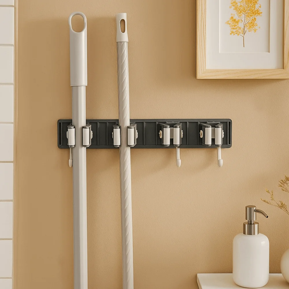

Plastic Wall Mounted Mop Clip Multi-Purpose Space Saver Broom Hook Clip Design Convenient Mop Holder Wall Organization