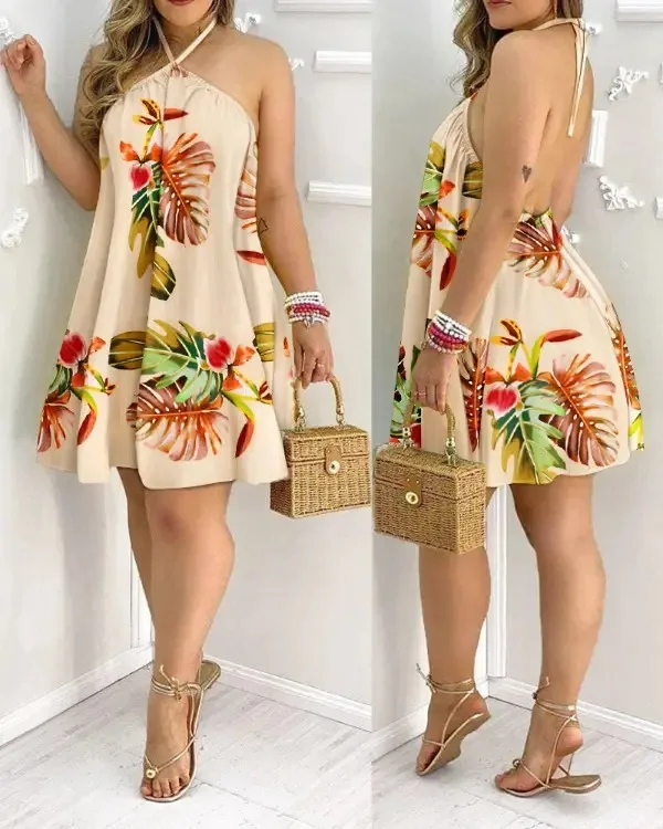 Vestido mini para mujer 2026 con estampado tropical de hojas, escote halter, sin mangas, espalda descubierta, corte A, verano playa, casual