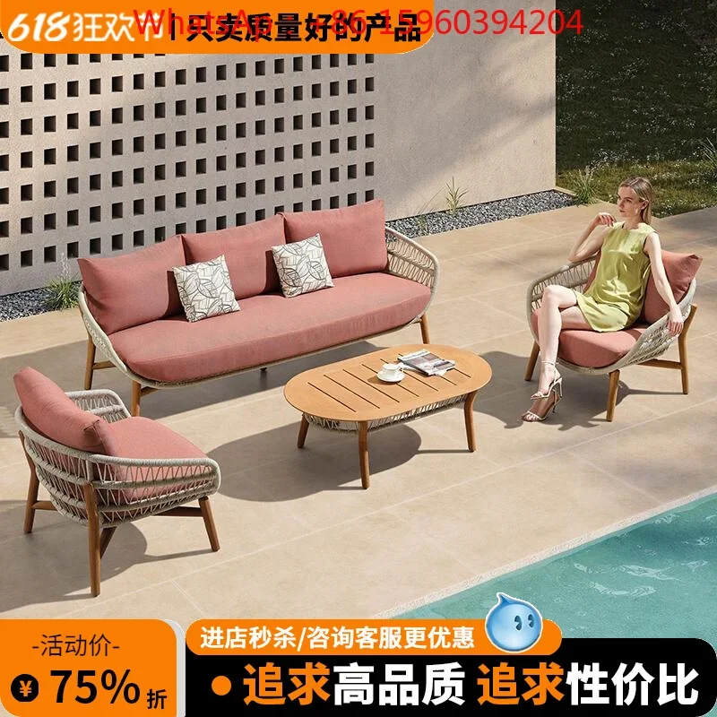 Outdoor courtyard sofa waterproof and sunscreen teak rattan sofa garden open-air homestay leisure simple solid wood combination