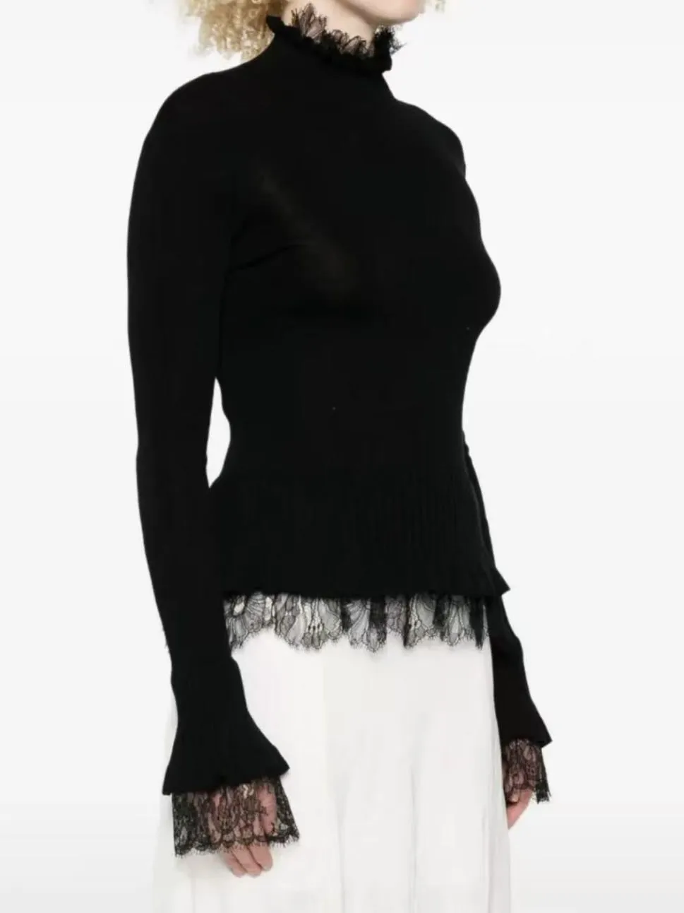 Women's Wool Cashmere Blend Sweater Lace Embroidery Half High Collar Long Sleeve Elegant Slim Knitted Pullover