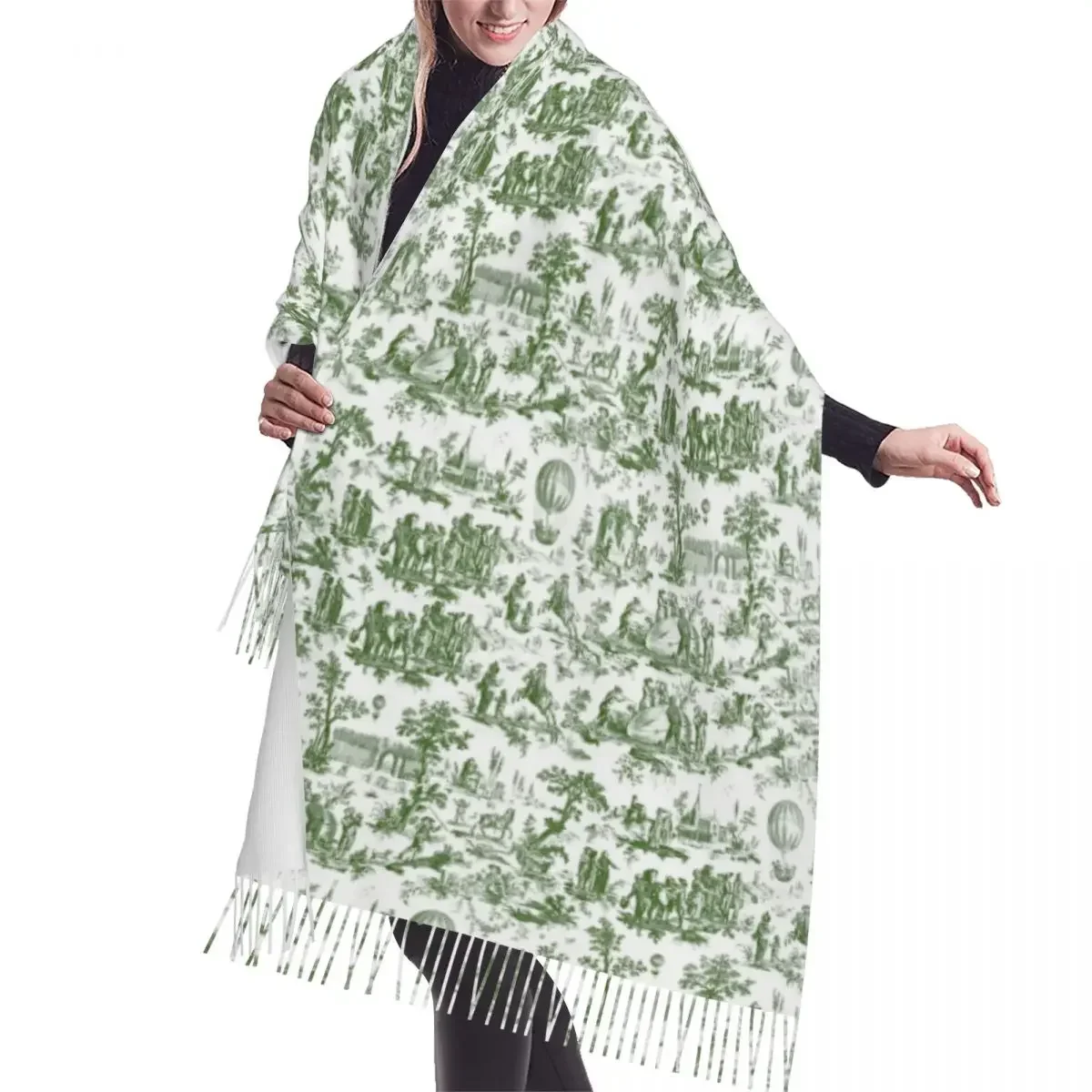 Custom French Toile De Jouy Ballon De Gonesse Scarf Wrap Women Long Winter Fall Warm Tassel Shawl Traditional France Art Scarves