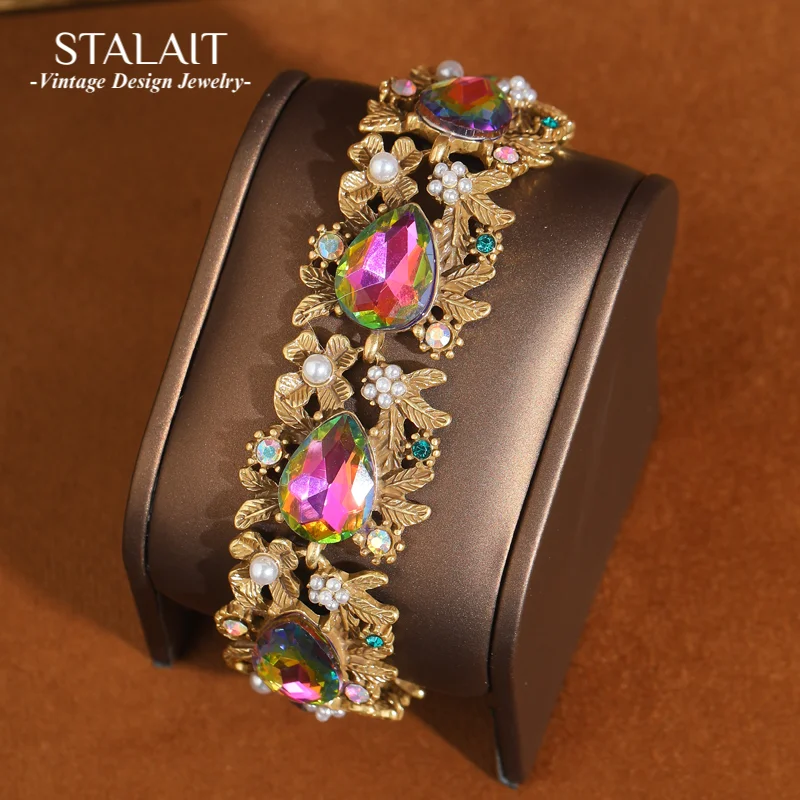 

Luxury Crystal Bracelets With Pearl For Women Vintage Antique Gold Color Flower Charms Bangles Valentine's Day Designer 2025