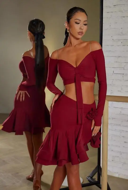 Vestido de baile latino para mujer, falda de leopardo negro y rojo, leotardo latino, vestido latino, Rumba, ChaCha, zym 23116