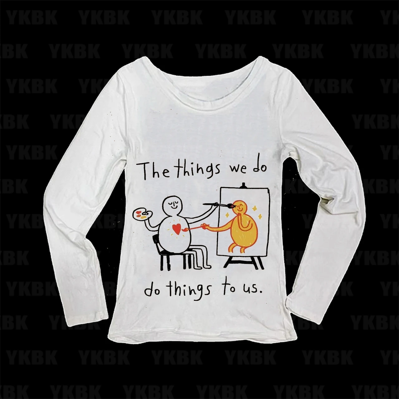 Cute Doodle Stick Figure Art Print Women Long Sleeve Tee Aesthetic O-neck Slim White Casual Quote T-shirt