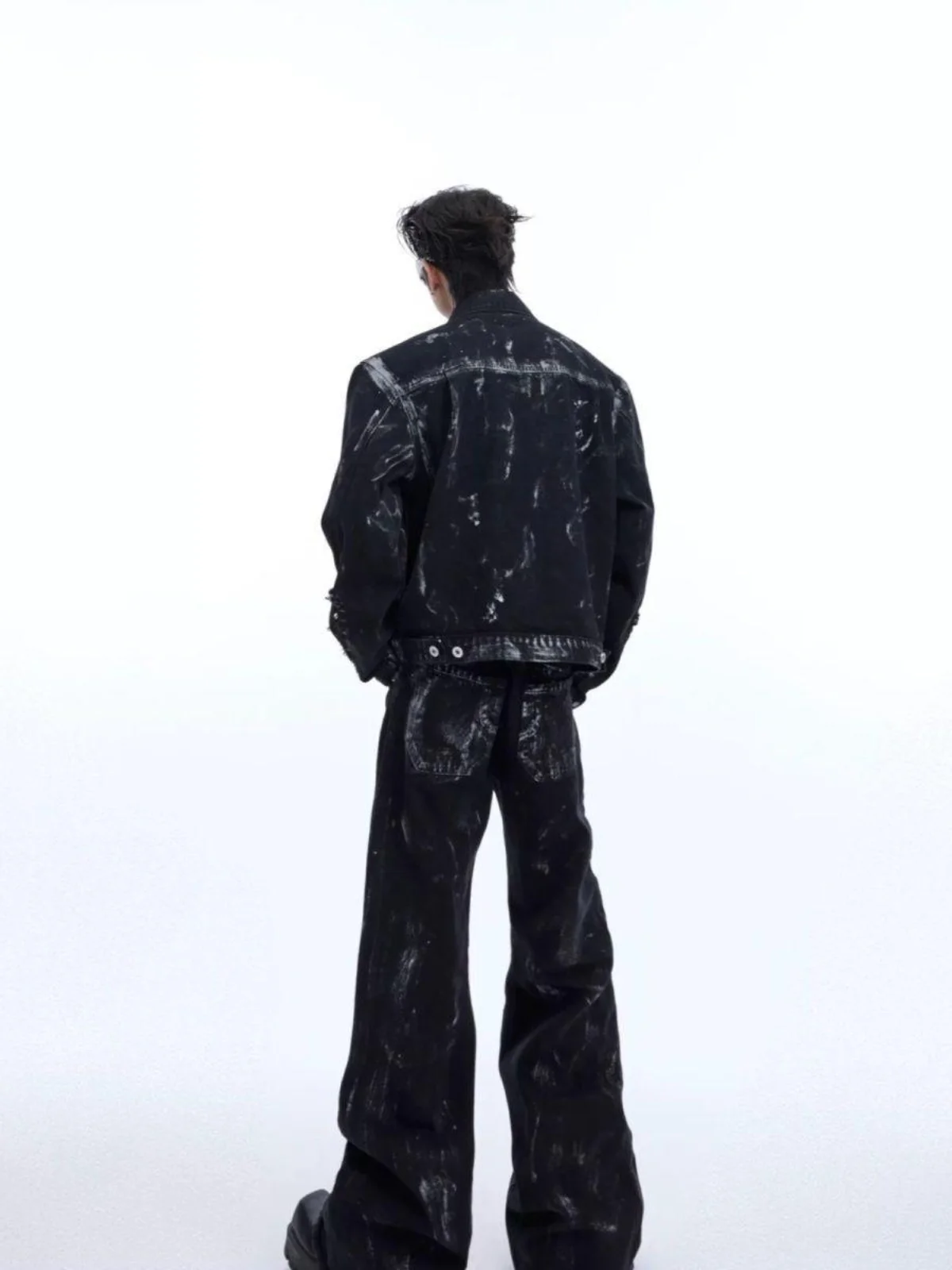 남성용 2025 투피스 세트 트렌디한 긴팔 상의 플레어 진 아메리칸 스타일 잉크 스플래시 패션 메탈 리벳 디자인 데님 세트