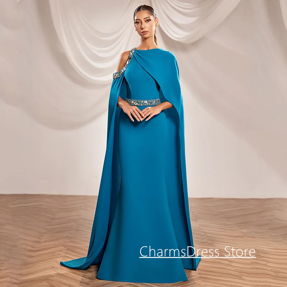 Modisches Meerjungfrau-Abendkleid mit Umhang, maßgeschneidert, mit Perlen verziert, Strass, Sweep-Zug, saudi-arabisches Abendkleid, Partykleider