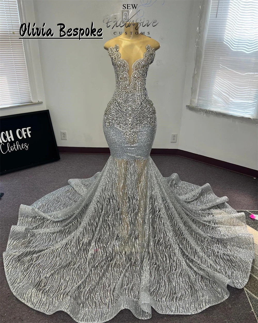 Glitter Silvery Crystal Beading Prom Dresses Mermaid Birthday Dress Black Girl 2024 Special Occasion Gown vestidos de graduación