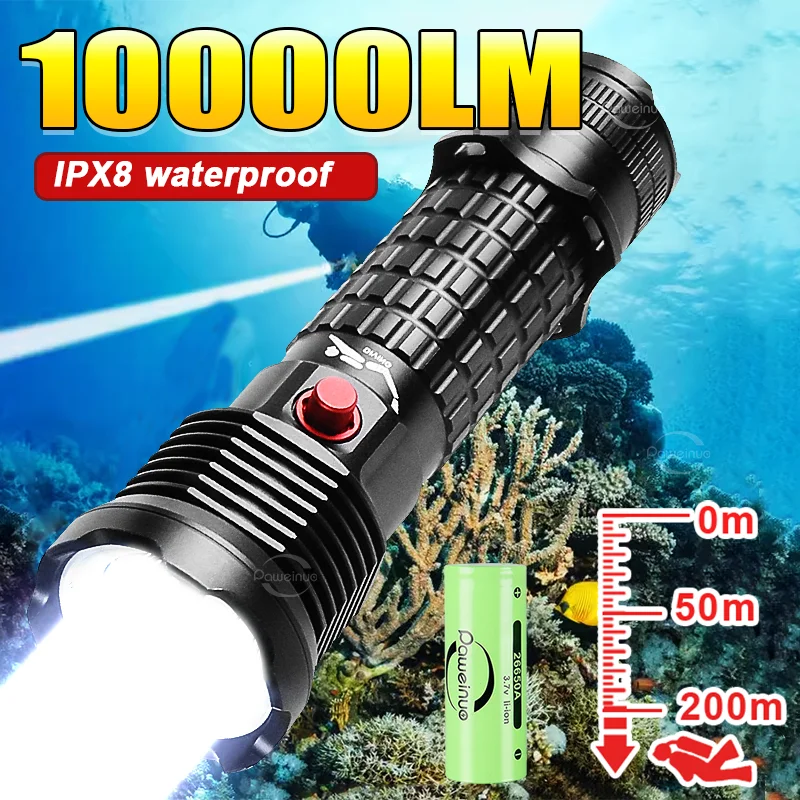 Super Bright Diving Flashlight 10000LM High Power Underwater Diving Flashlights XHP70 LED Professional Diving Light Camping Lamp