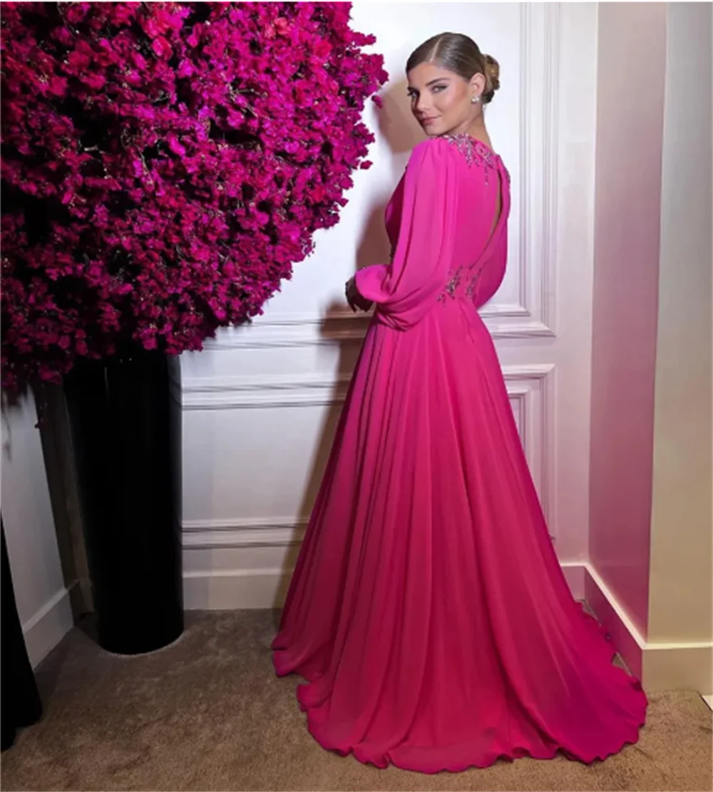 Graceful Fuchsia Chiffon Evening Dress With Beaded Long Sleeve V Neck Charming  Puff Sleeve Backless A-Line Vestidos De Noche