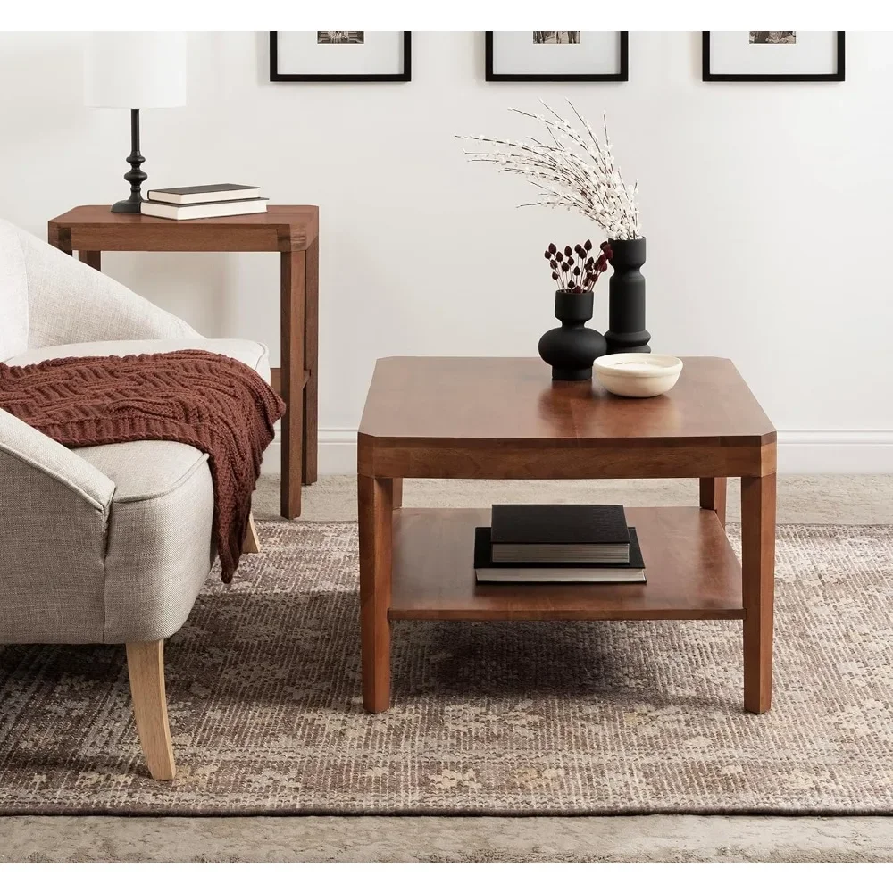 Transitional Tiered Square Coffee Table for Living Room Decor, 26x26x18, Walnut Brown