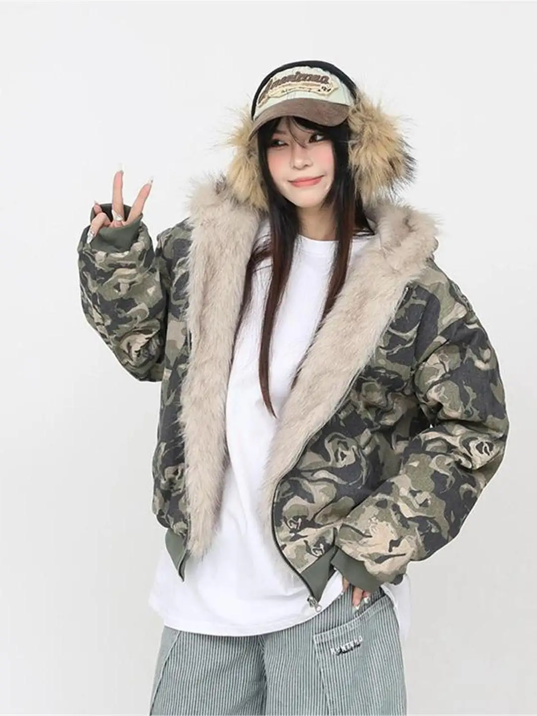 

American Retro Camouflage Hooded Jaet Cotton Coat Men Women Sle Winter Thiened Fur Collar Cleanfit Mountain Eagle Outer...
