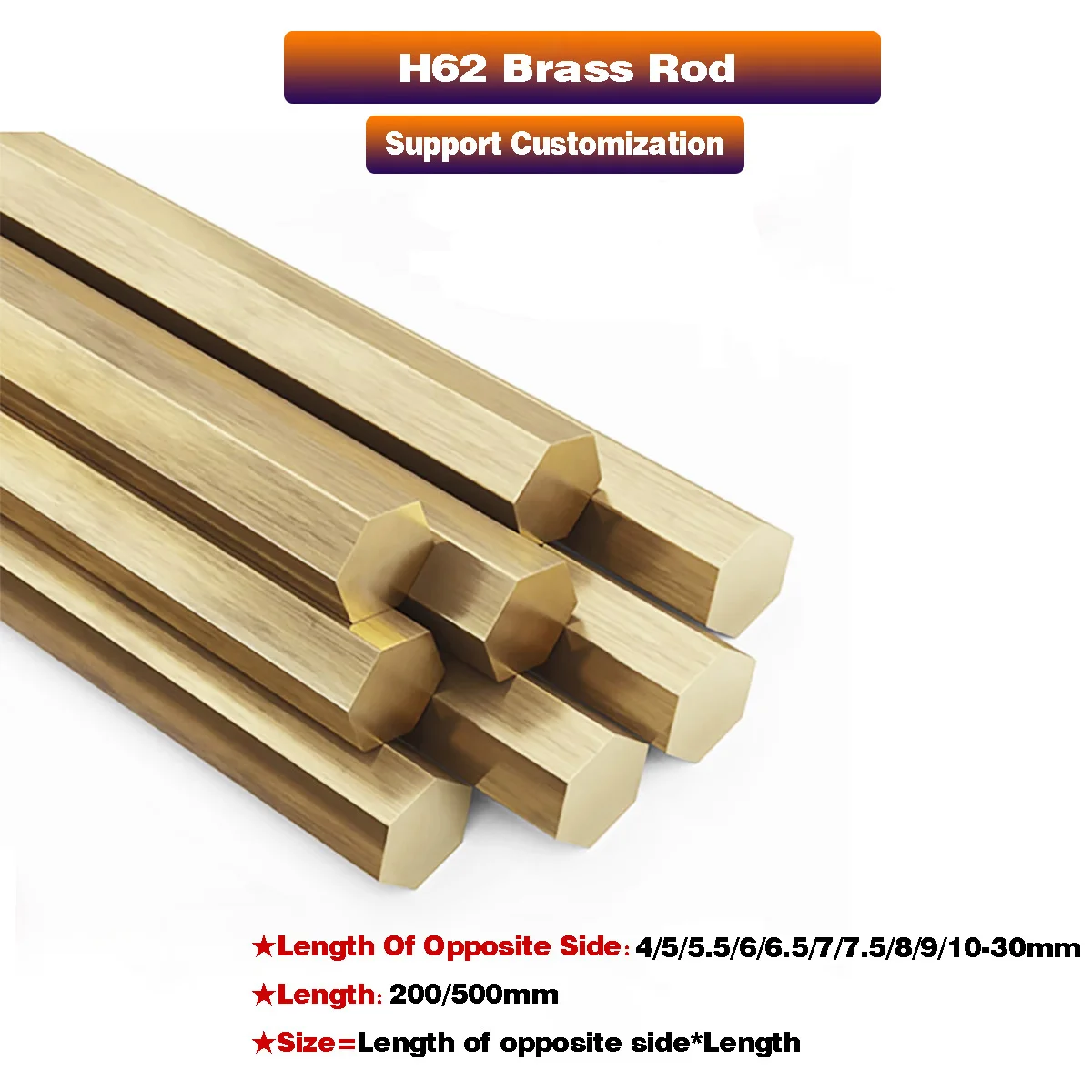 H62 Brass Rod/Brass Hexagonal  Bar Opposite Sides 3/4/5/6/7/8/9/10-30mm, Length 200-500mm