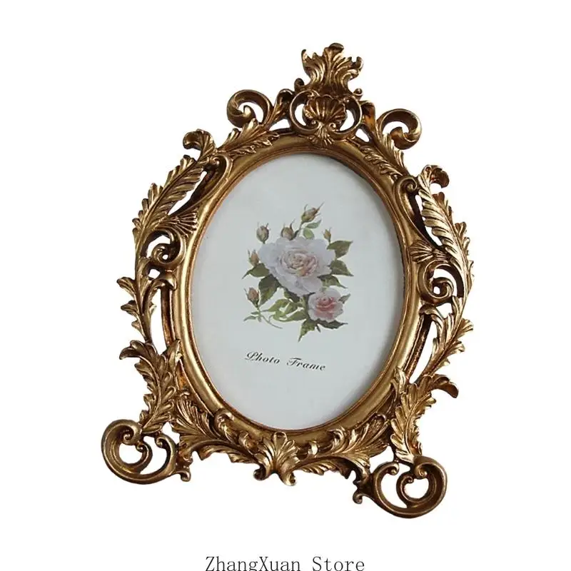 Old Fashioned Oval Picture Frame Resin Golden Flowers Photo Display Home Decors 3XUF – Detail 7