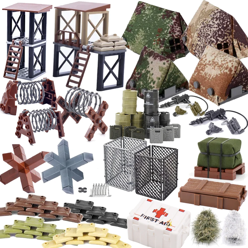 MOC Military Scene Building Block Toy Accessories Soldier Army Figure Weapon Barbed Wire Sandbag Tent Medical Box Roadblock B082