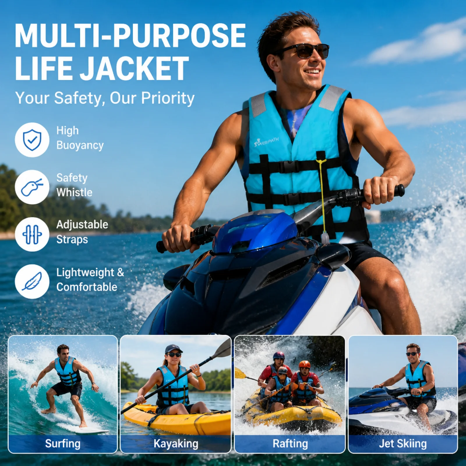 Adjustable Water Sports Life Jacket Buoyancy Vest for Kayak Canoe Boating Fishing and Jet Ski Use