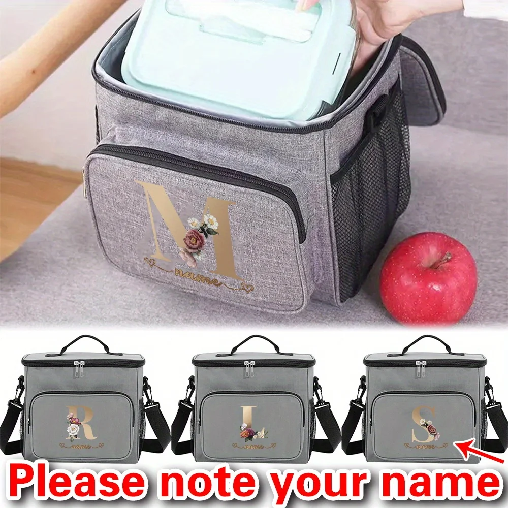 

Customizable Name Grey Lunch Bag Insulated Handbag Rose Gold Series Multi Functional Picnic Lunch Box Waterproof Lunch Box