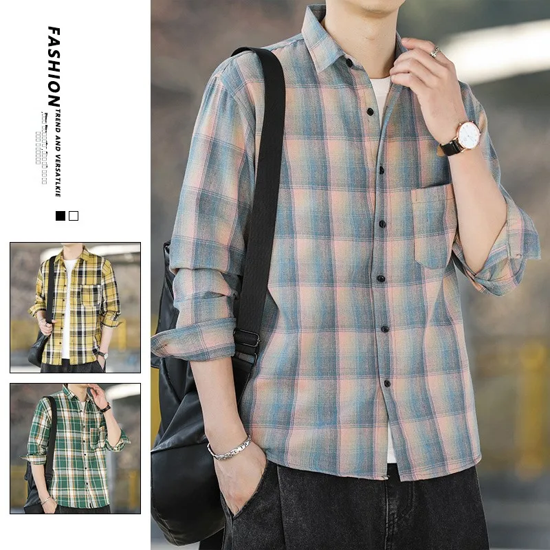 

Spring Autumn 2025 Men's Plaid Shirt Loose Comfortable Long Sleeve Fashionable Casual Style Polyester Cotton Blend Spring Out...