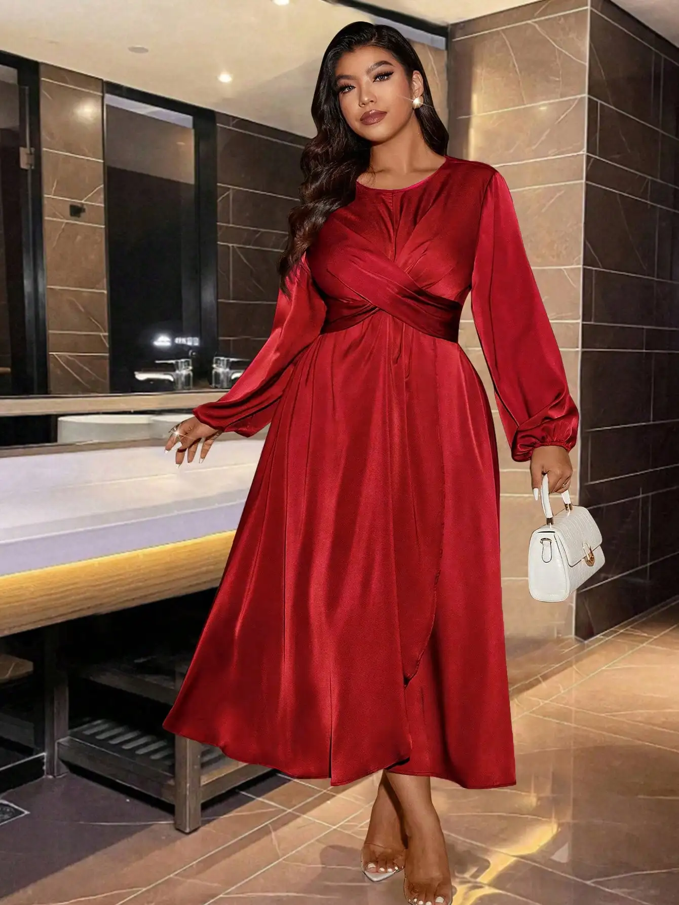 

Red Satin Round Neck Cross-Tie Wrap Midi Dress with Slit