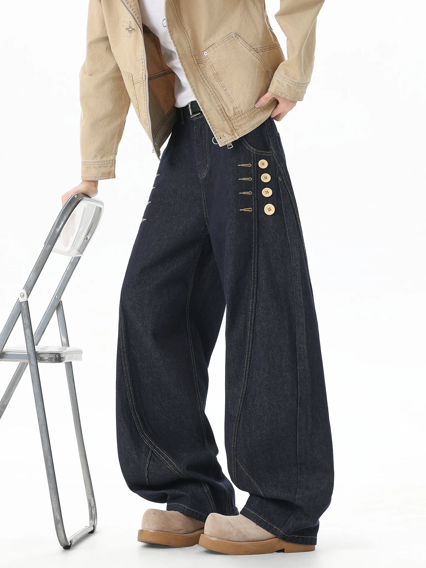 Washed Original Denim Men's Autumn Wide Leg Jeans Cleanfit American Retro Button Design Deconstructed Loose Fit Long Pants