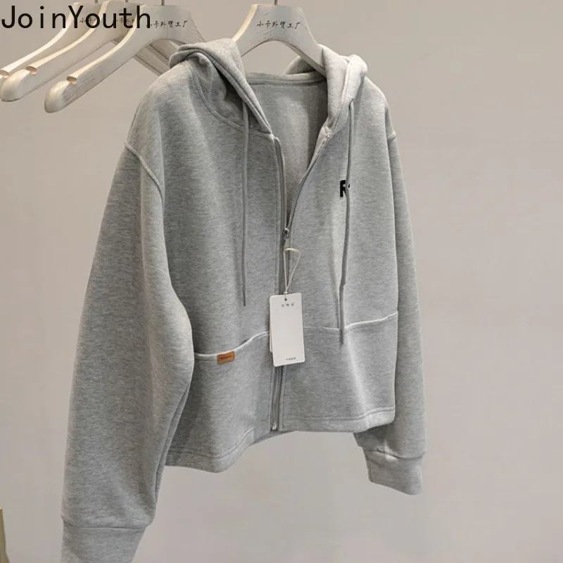 Simple Hoodies Jackets 2024 Women Clothes Crop Tops Hooded Zipper Sweatshirts Ropa Mujer Casual Fashion Solid Color Y2k Coats