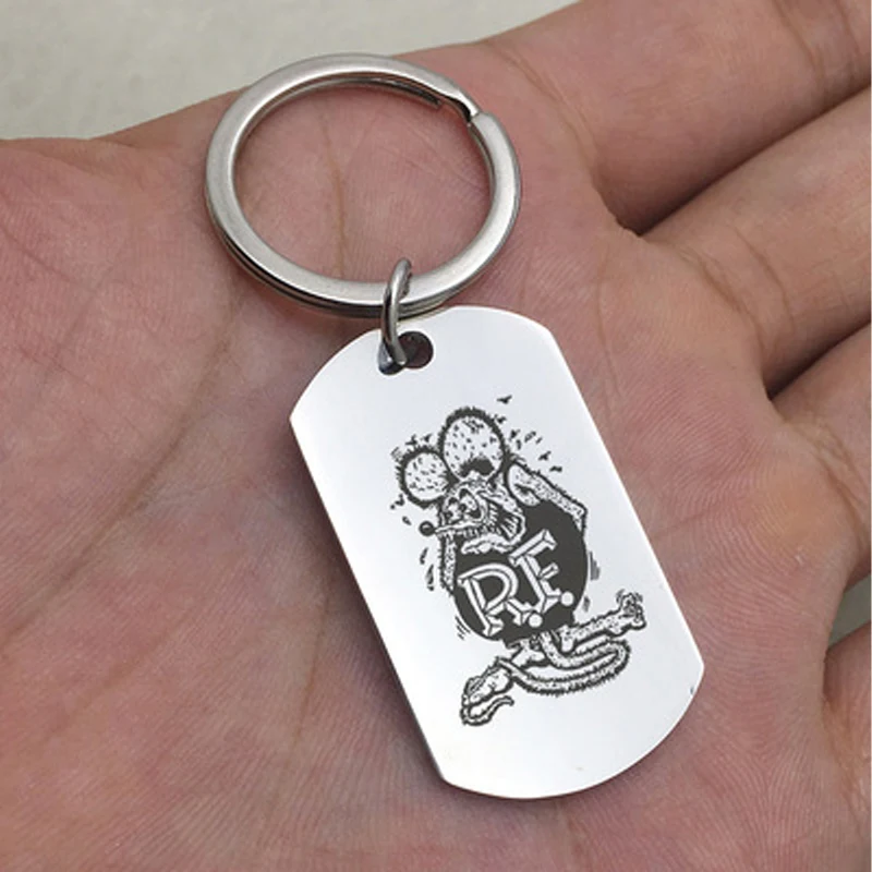 New foreign trade Rat Fink legend keychain necklace RAT FINK stainless steel military key ring pendant