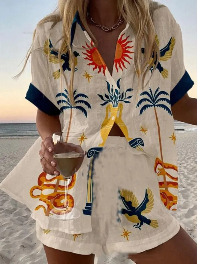 

Women Pinted 2pcs Sets Loose Single-breasted Shirts And Shorts Summer Set 2025 Female Fashion Two-pieces Outfits Clothing