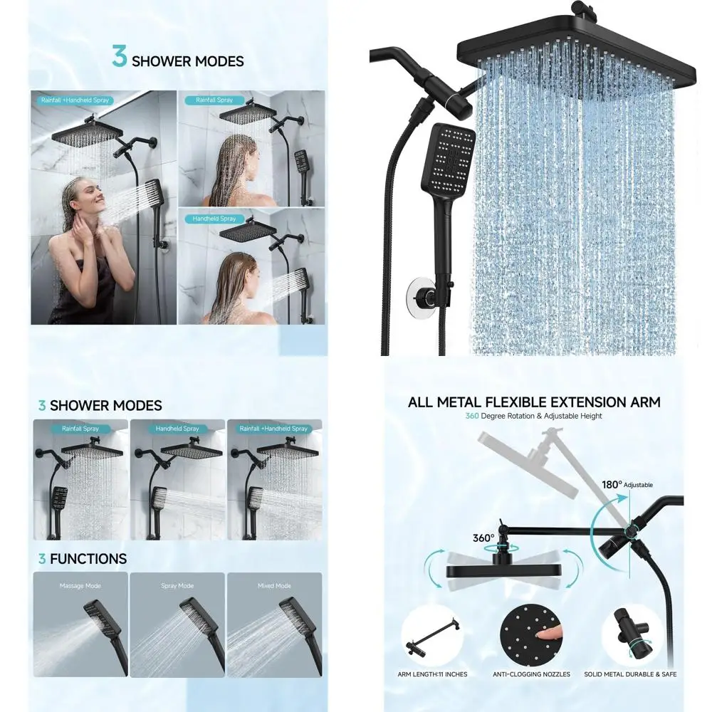

Matte Black Dual Shower Head Set: Adjustable 12 Rainfall with Handheld Sprayer and Waterfall Feature