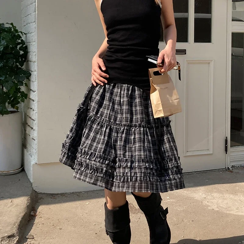

2025 Новая летняя клетчатая мини-юбка женская японская Harajuku с оборками в стиле пэчворк черные женские юбки с высокой талией повседневная юбка трапециевидной формы