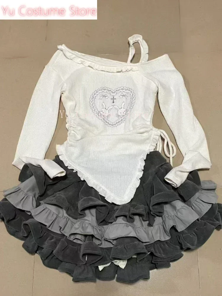 

Autumn Japanese Kawaii Two Women Sweet Rabbit Print Cute Skirt Suit Female Korean Slim Tops＋Princess Cake Skirt Yu Cosplay